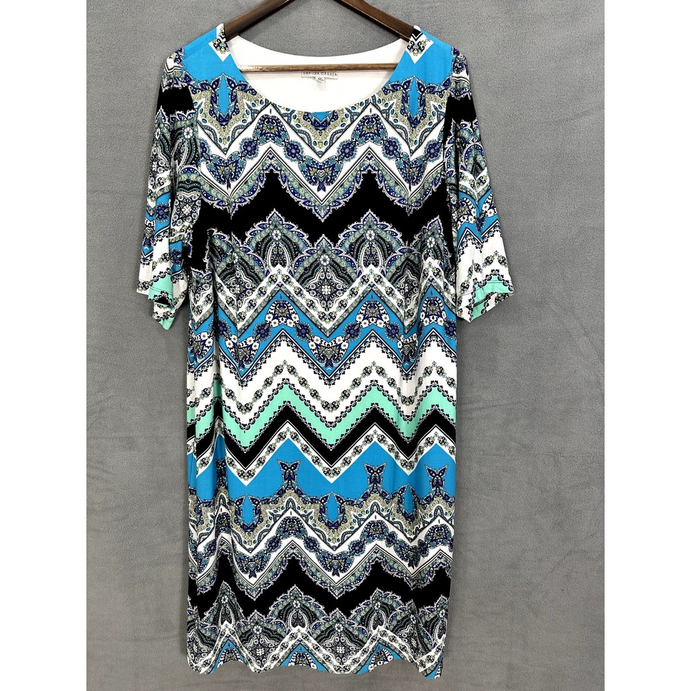 Sandra Dareen‎ Shift Dress Womens 2X Blue Geometric Stretch Art To Wear Boho